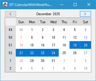 Swing/CalendarWithWeekNumbers screenshot